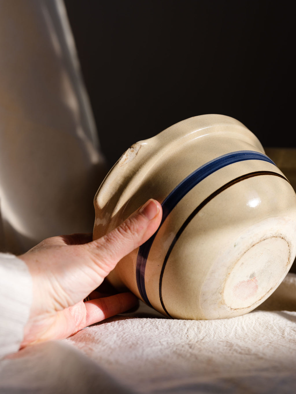 Vintage Blue Stripe Stoneware Bowls - Small and Large