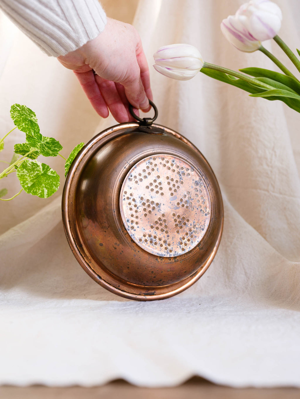 Vintage Copper Strainer Colander with Hanging Ring