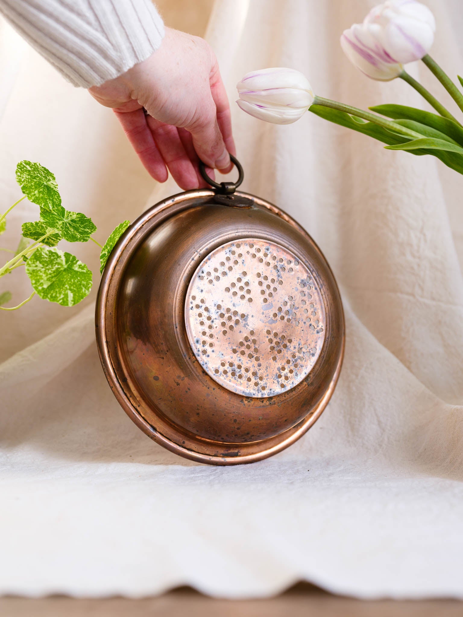 Vintage Copper Strainer Colander with Hanging Ring