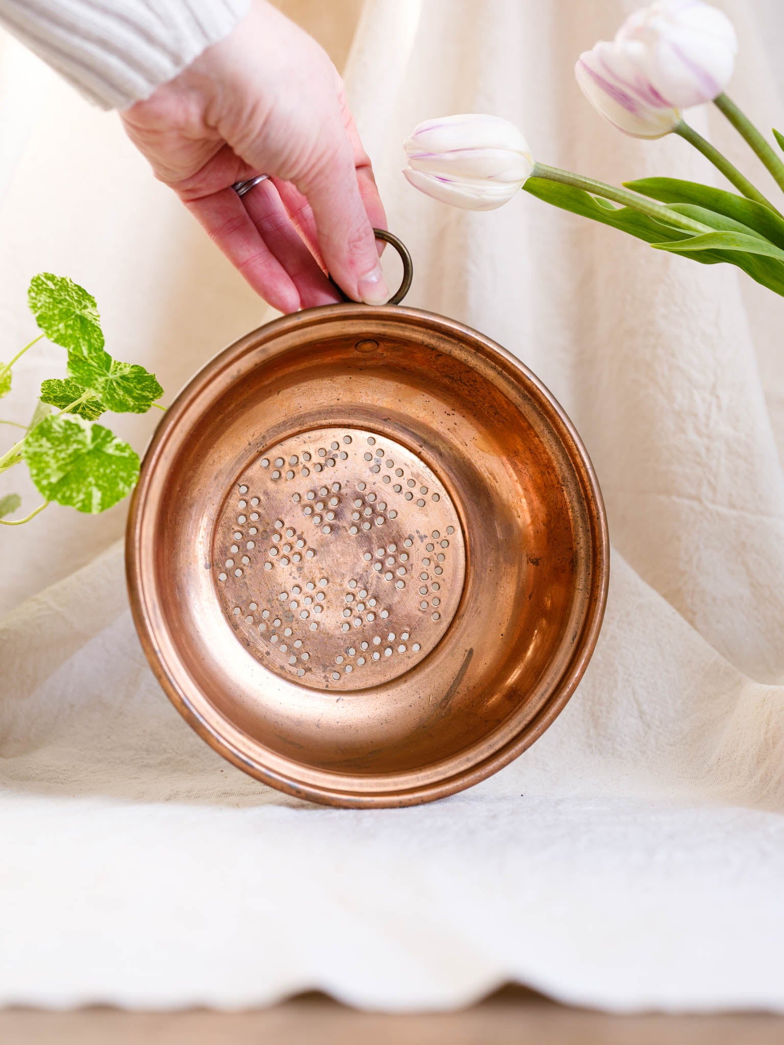Vintage Copper Strainer Colander with Hanging Ring