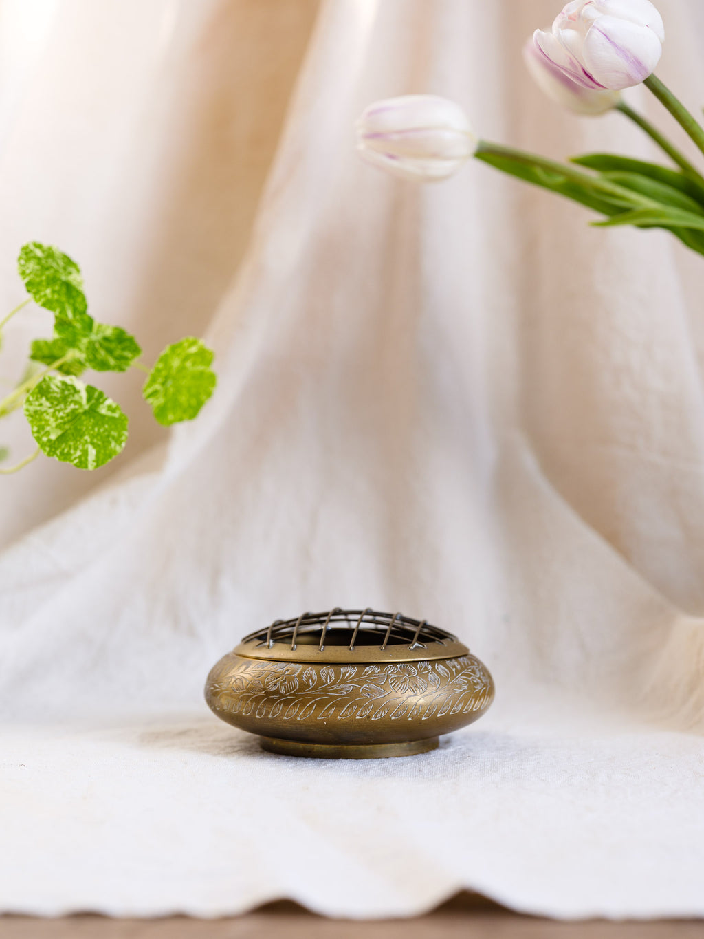 Vintage Etched Brass Vase with Frog