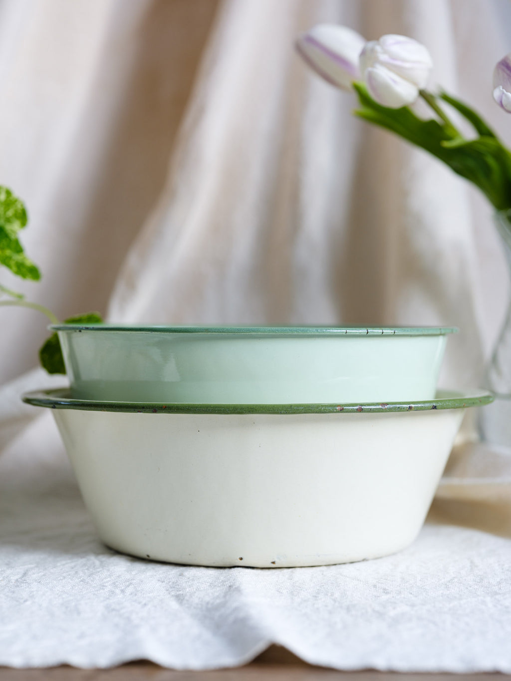 Vintage White Enamel Bowl with Green Stripe