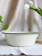 Vintage White Enamel Bowl with Green Stripe