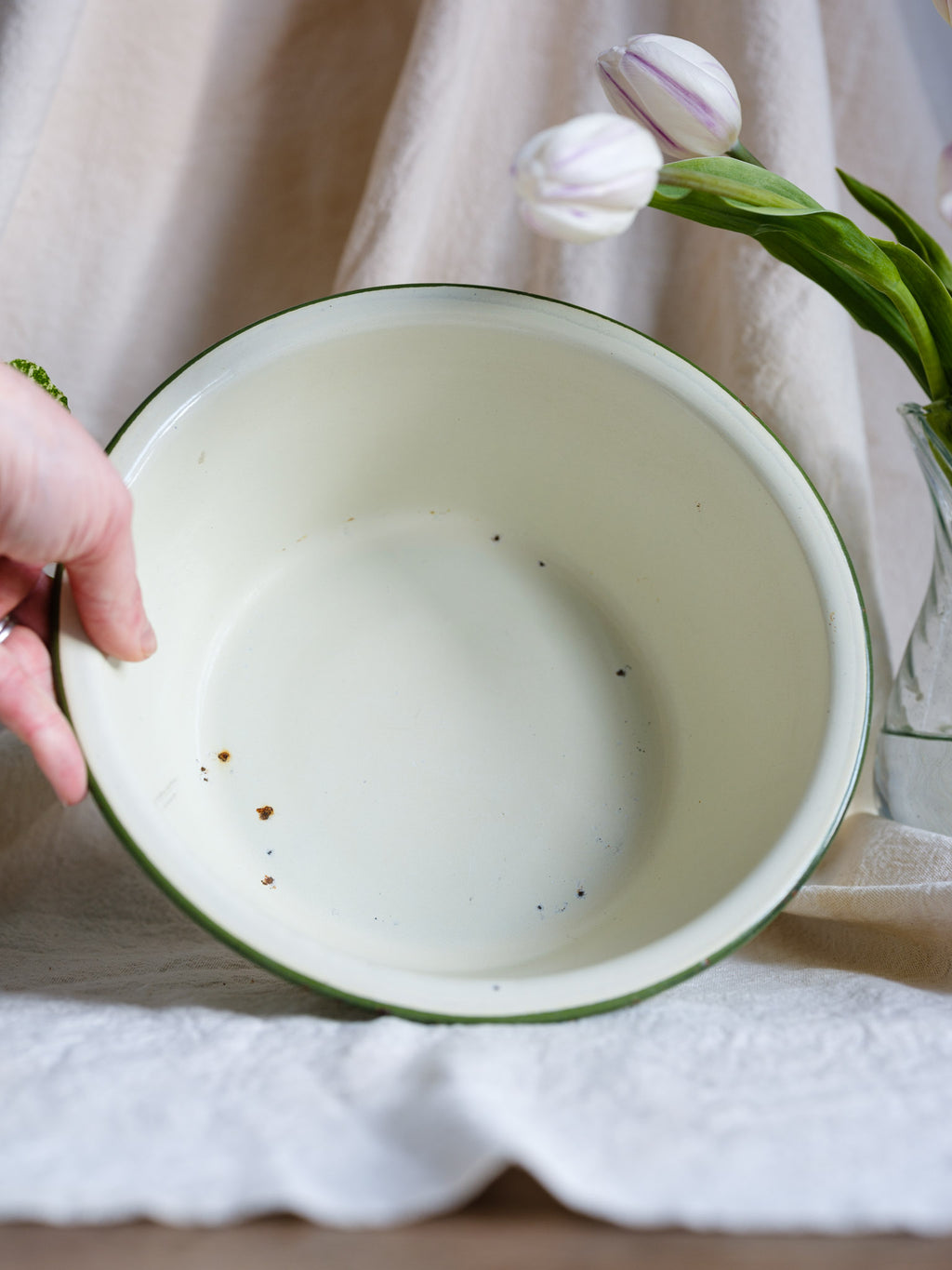 Vintage White Enamel Bowl with Green Stripe