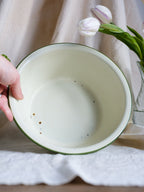 Vintage White Enamel Bowl with Green Stripe
