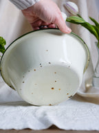 Vintage White Enamel Bowl with Green Stripe