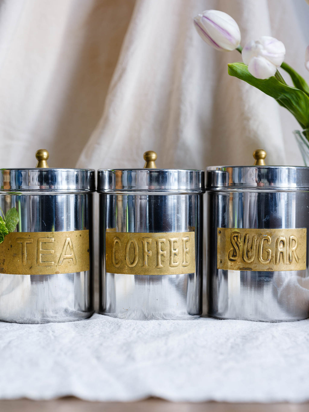 Tea, Coffee & Sugar Canisters with Brass Handles & Labels
