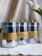 Tea, Coffee & Sugar Canisters with Brass Handles & Labels