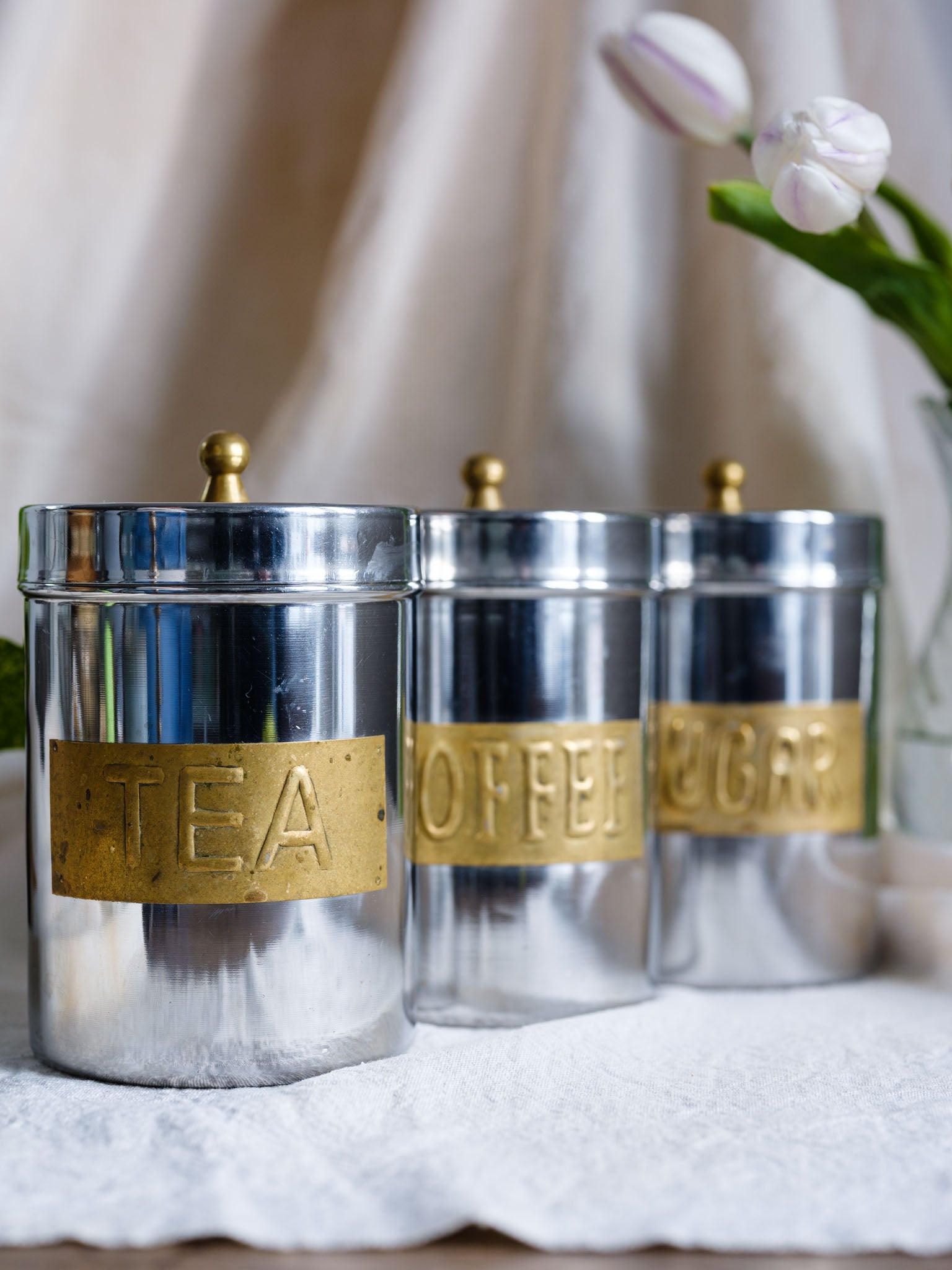 Tea, Coffee & Sugar Canisters with Brass Handles & Labels