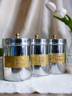 Tea, Coffee & Sugar Canisters with Brass Handles & Labels