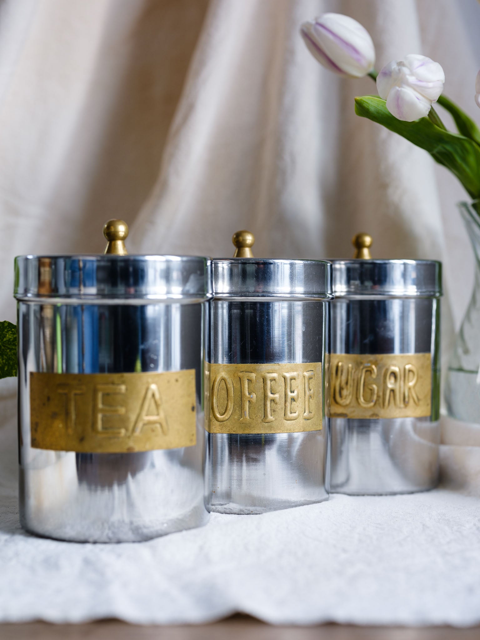 Tea, Coffee & Sugar Canisters with Brass Handles & Labels
