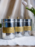Tea, Coffee & Sugar Canisters with Brass Handles & Labels