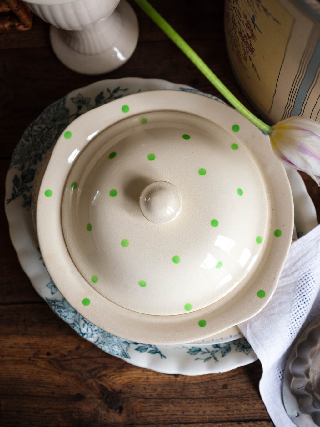 Vintage Covered Serving Dish in Green Polka Dot