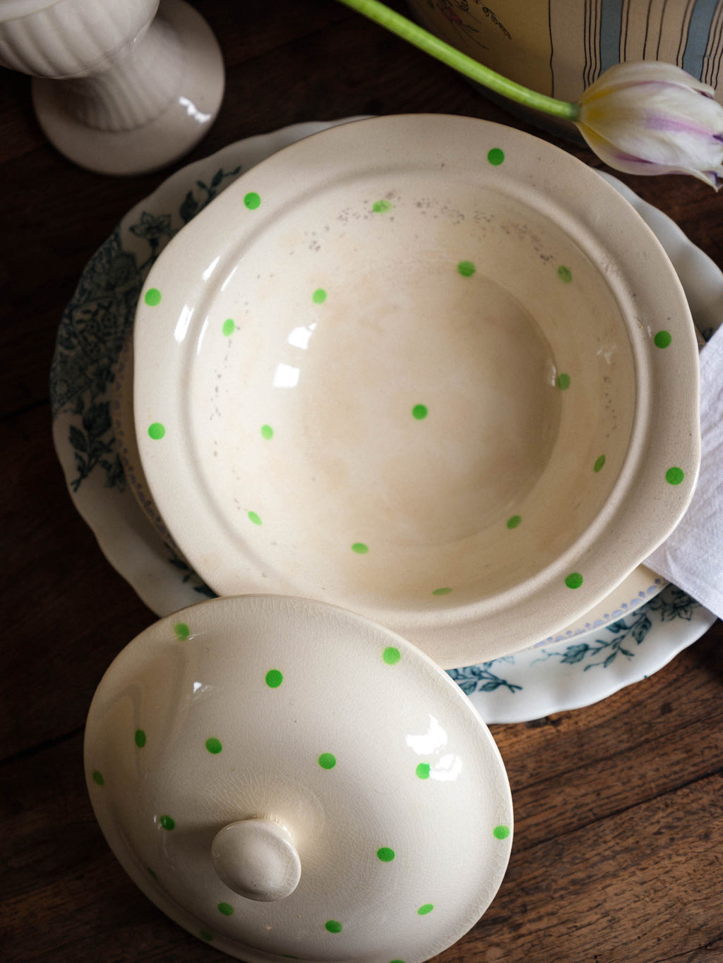 Vintage Covered Serving Dish in Green Polka Dot