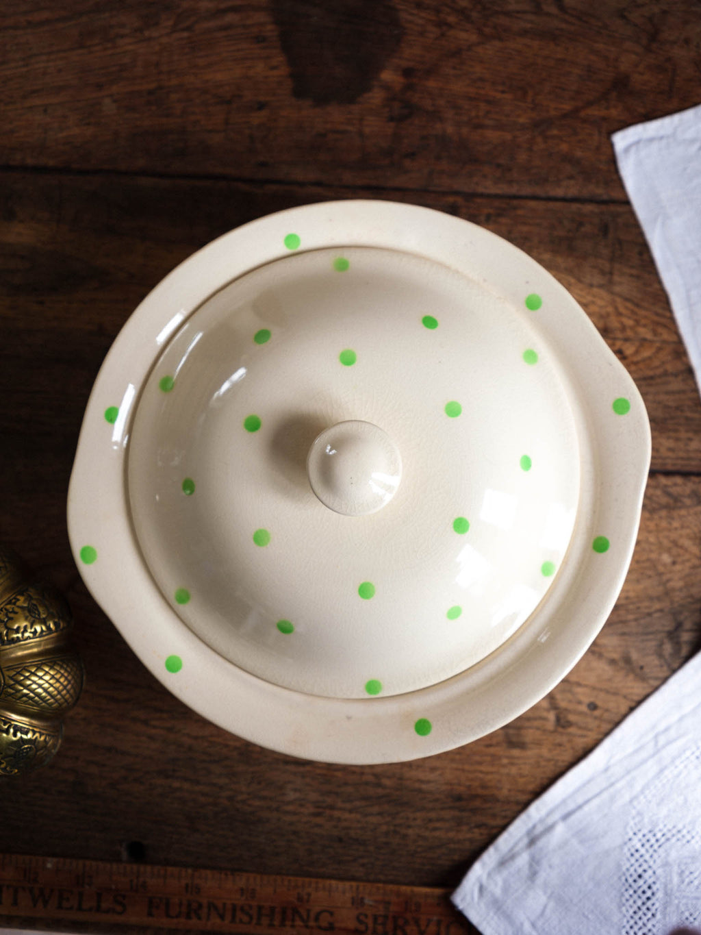 Vintage Covered Serving Dish in Green Polka Dot