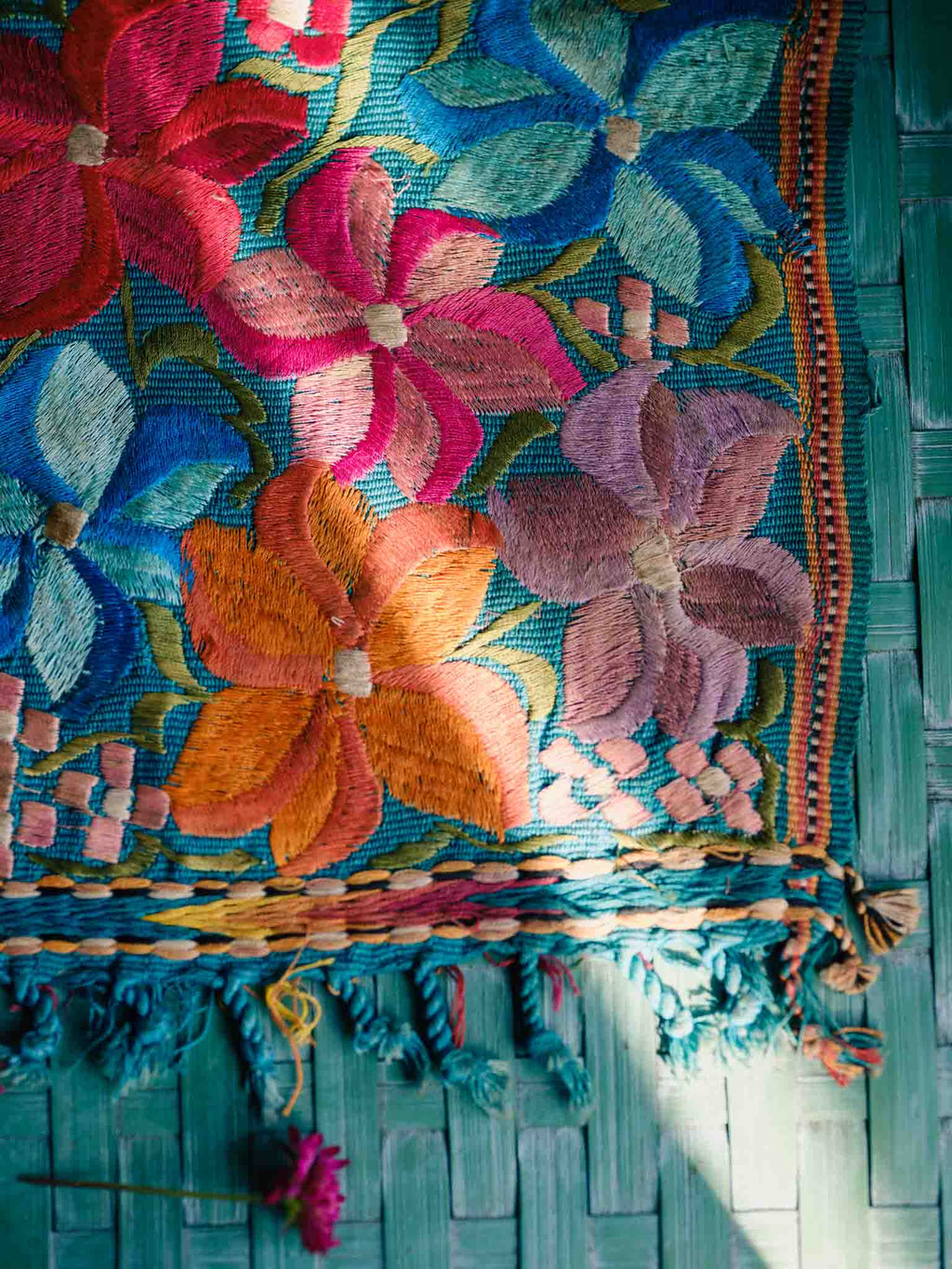 Vintage Mexican Embroidered Floral Textile - Wall Hanging or Table Mat