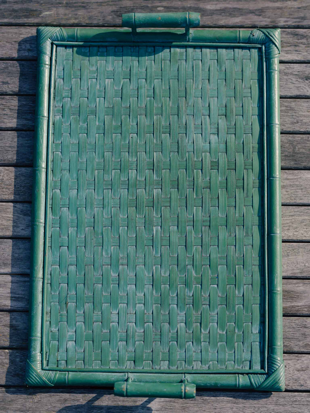 Vintage Woven Bamboo Serving Tray - Painted Green