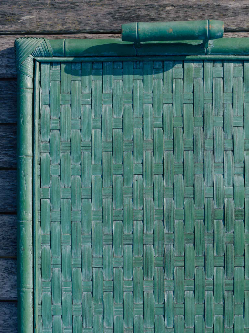 Vintage Woven Bamboo Serving Tray - Painted Green