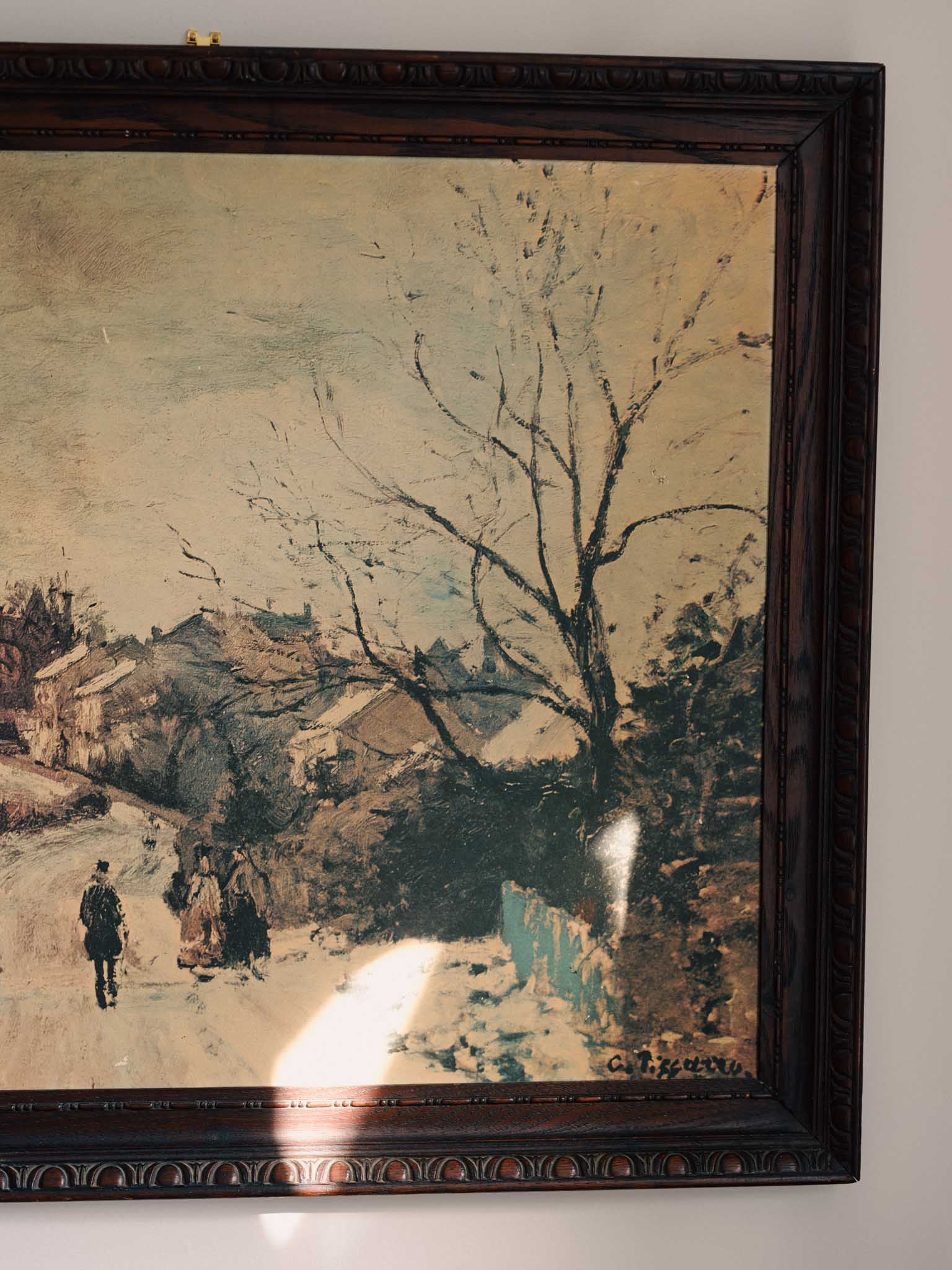 Vintage Print - 'French Winter Scene' in Ornate Wooden Frame (by Camille Pissaro)
