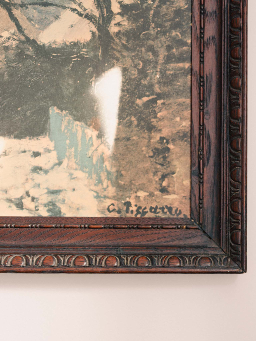 Vintage Print - 'French Winter Scene' in Ornate Wooden Frame (by Camille Pissaro)