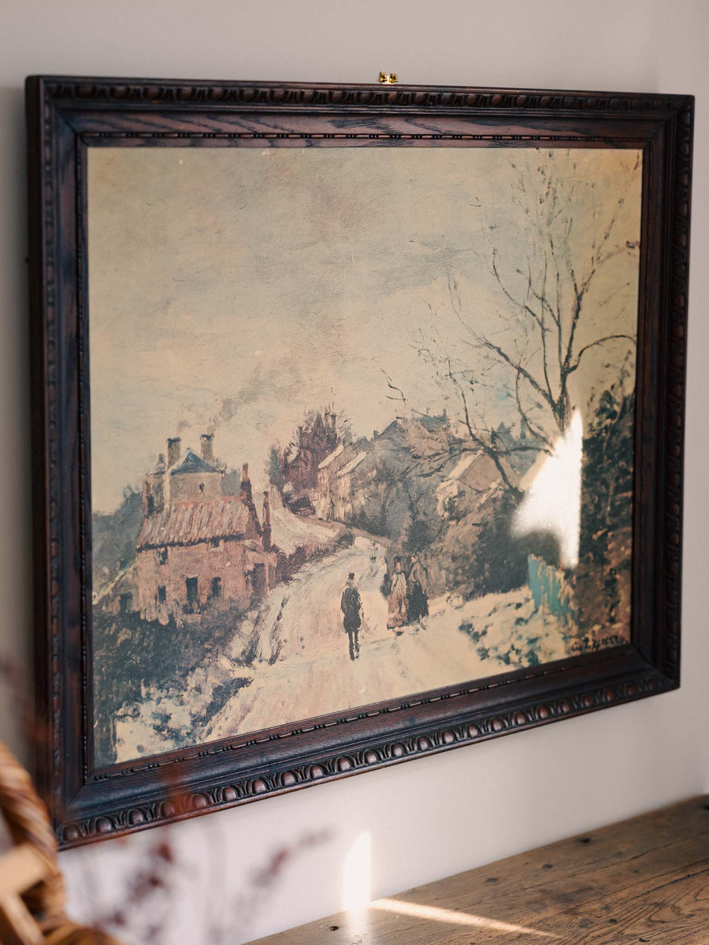 Vintage Print - 'French Winter Scene' in Ornate Wooden Frame (by Camille Pissaro)
