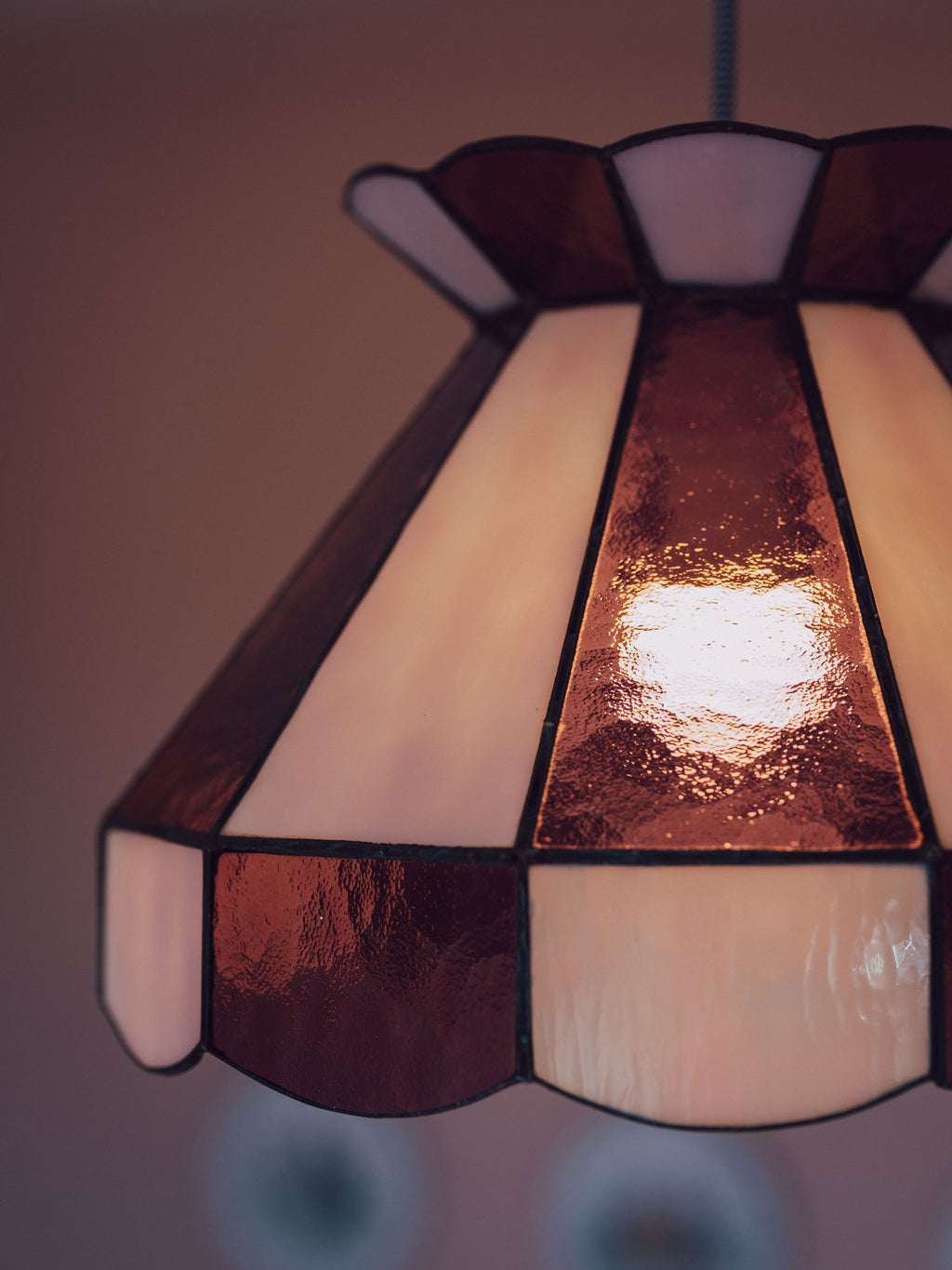 Large Vintage Pink Leadlight Glass Pendant Lightshade