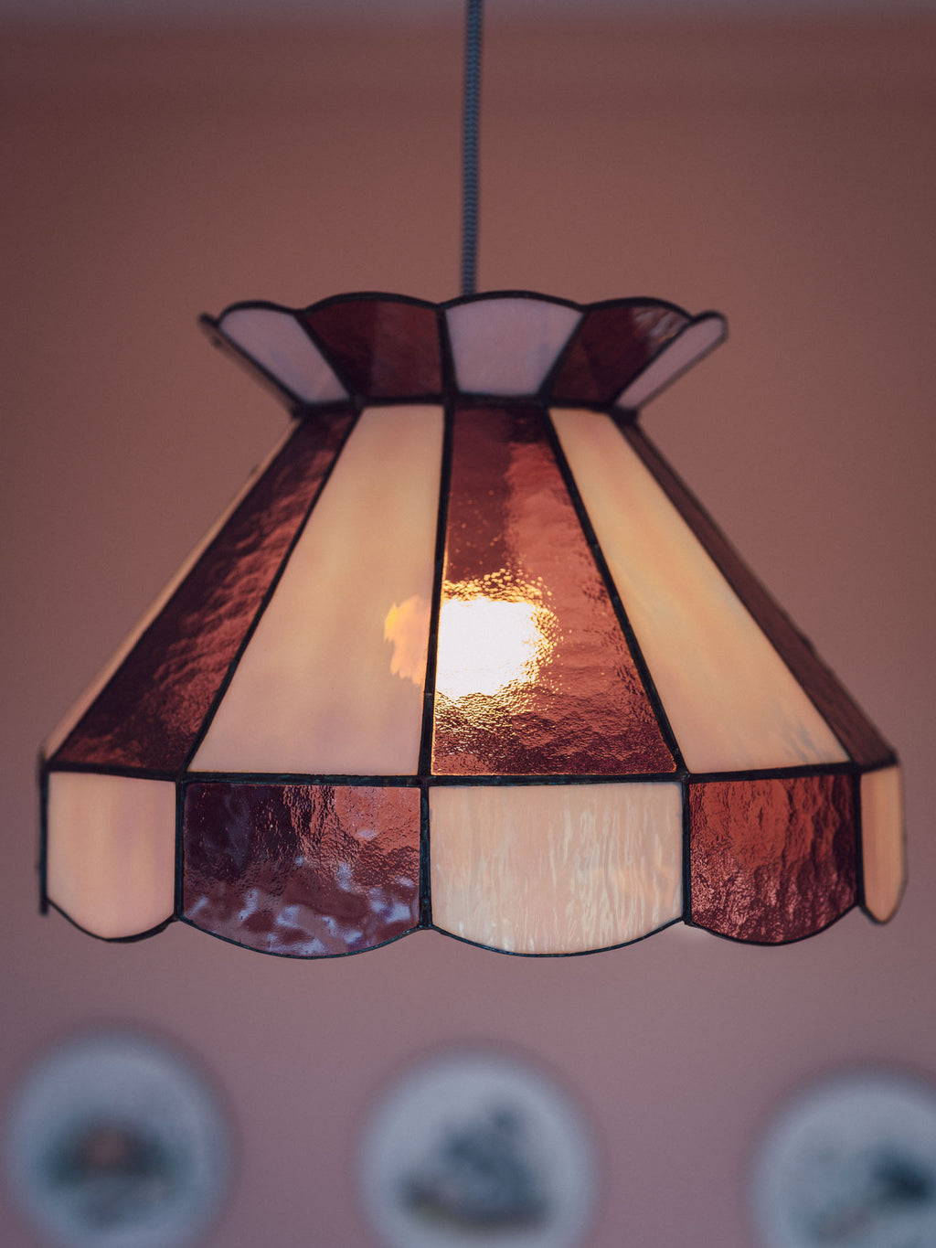 Large Vintage Pink Leadlight Glass Pendant Lightshade