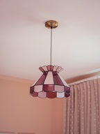 Large Vintage Pink Leadlight Glass Pendant Lightshade