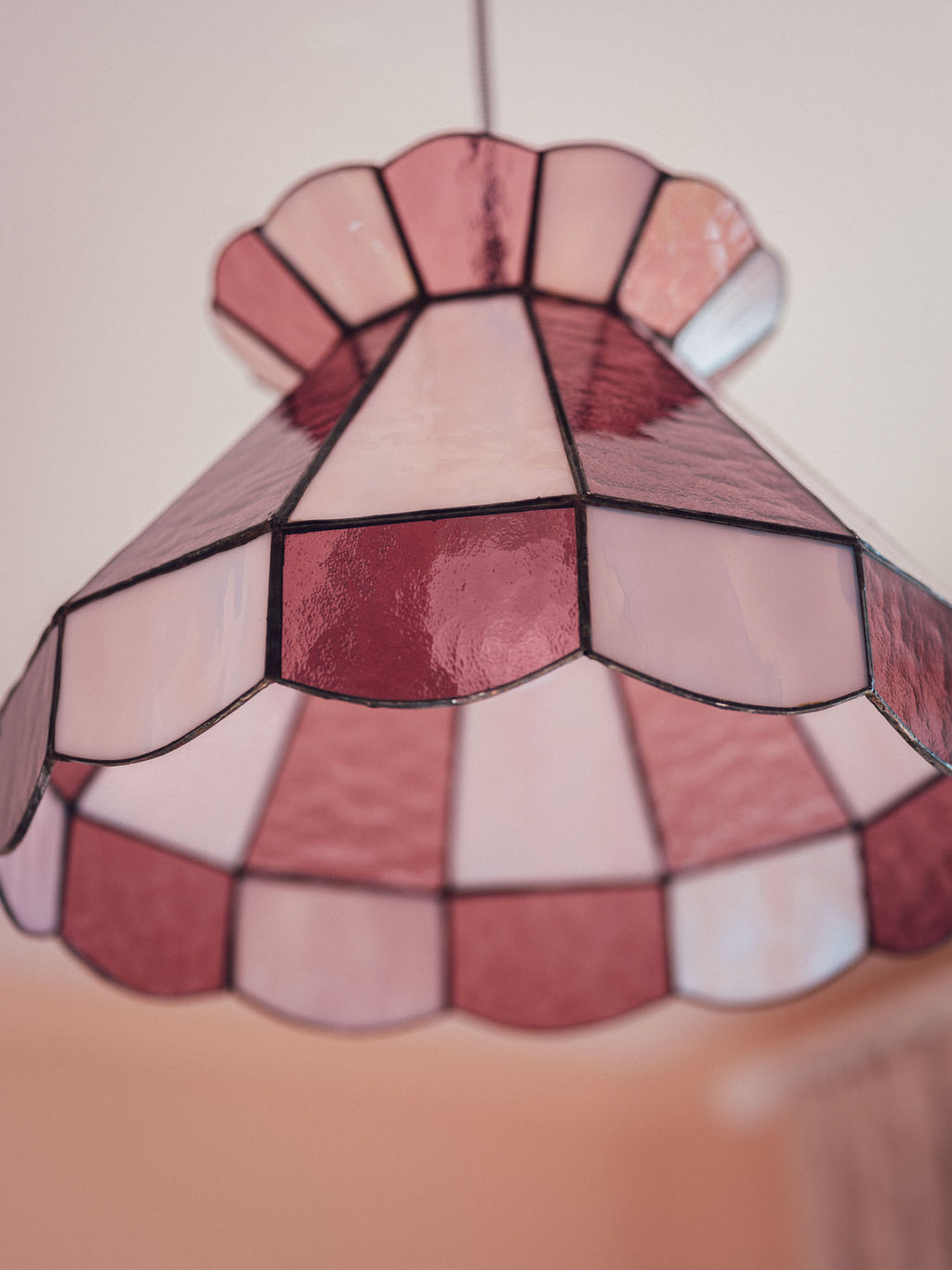 Large Vintage Pink Leadlight Glass Pendant Lightshade