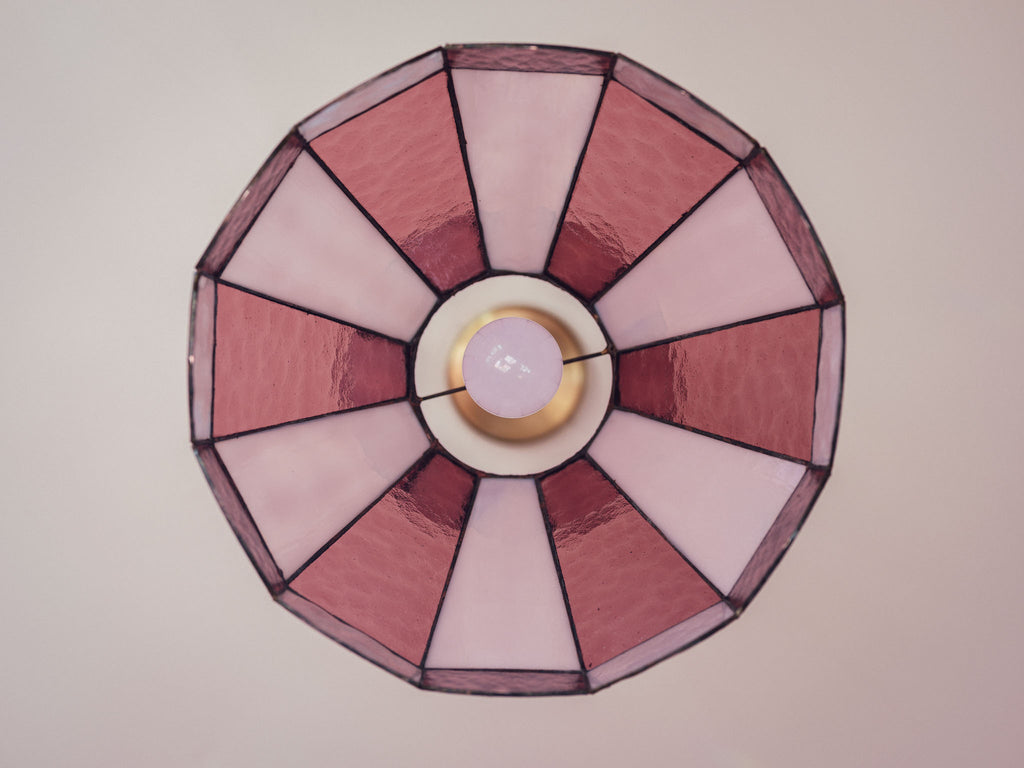 Large Vintage Pink Leadlight Glass Pendant Lightshade
