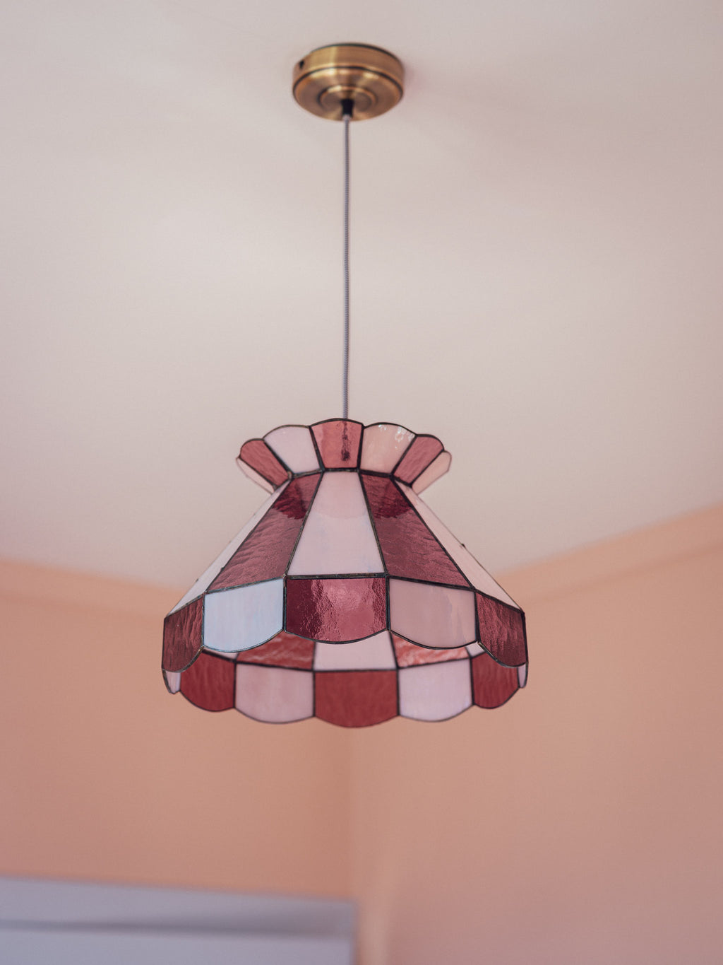 Large Vintage Pink Leadlight Glass Pendant Lightshade