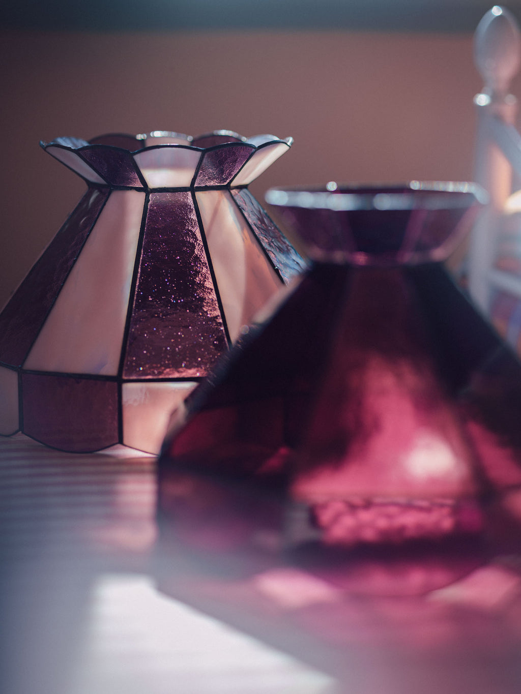 Large Vintage Pink Leadlight Glass Pendant Lightshade