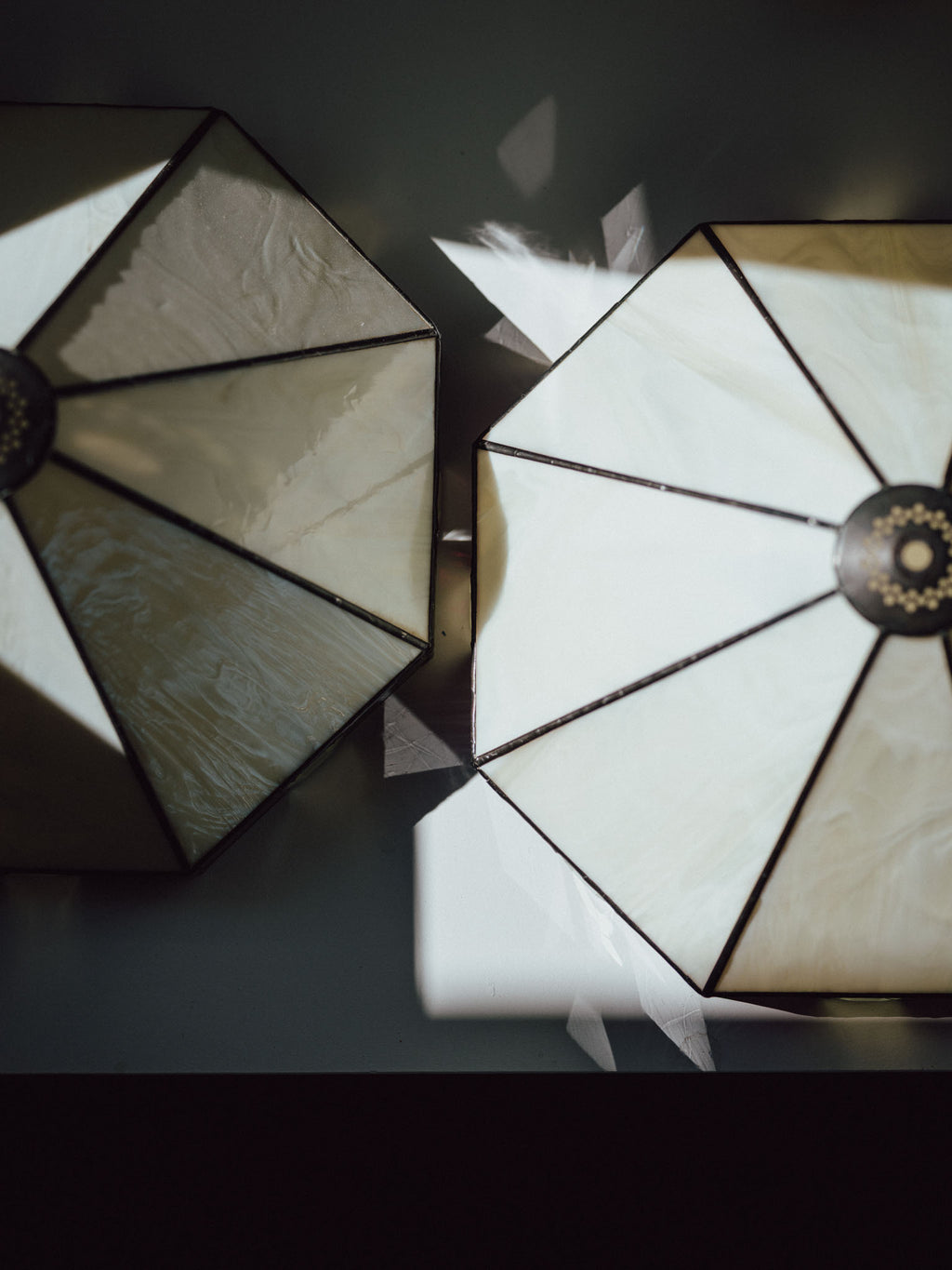 Art Deco - Three Leadlight Glass Pendant Lightshades with Matching Wall Sconce