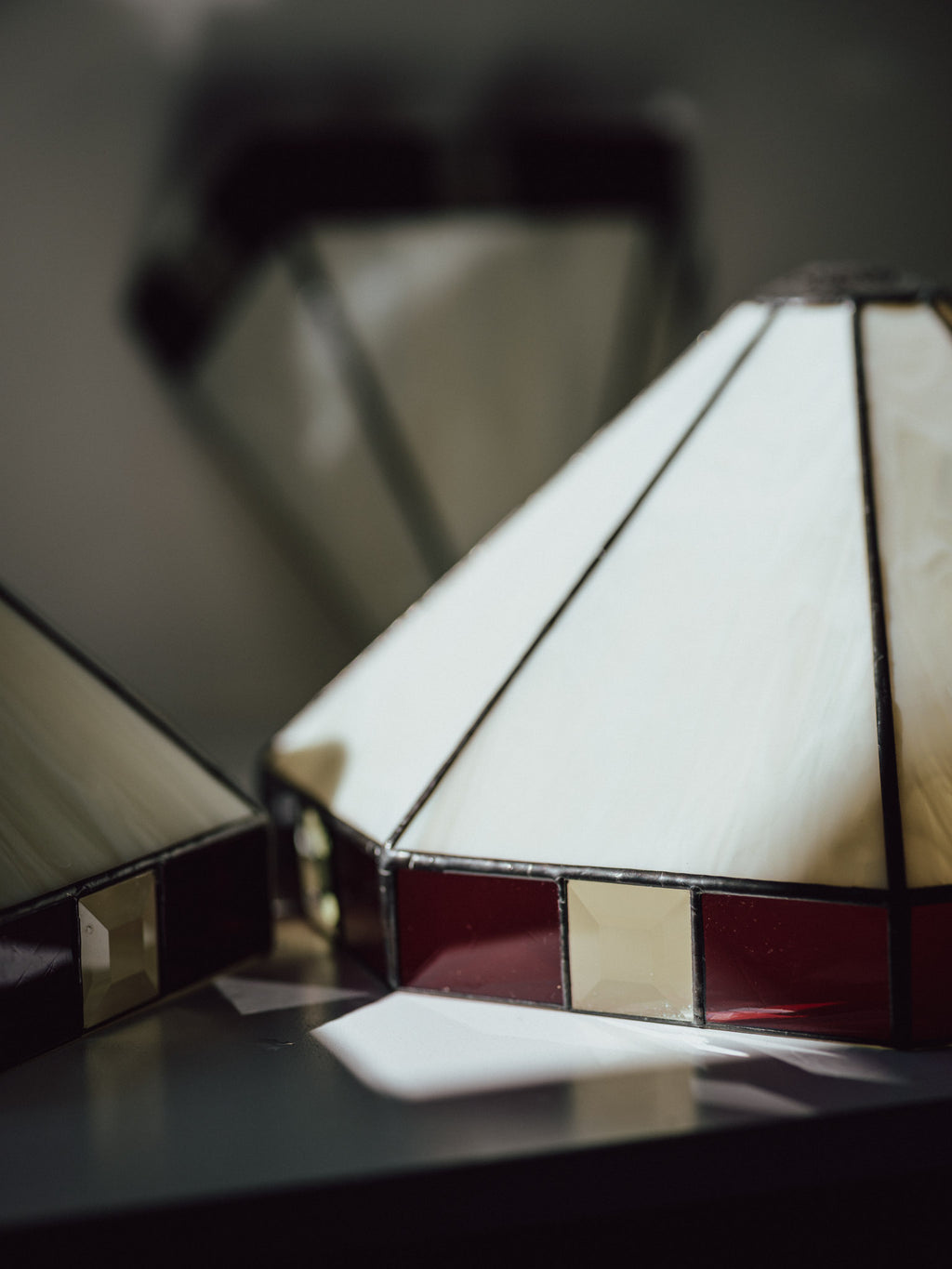 Art Deco - Three Leadlight Glass Pendant Lightshades with Matching Wall Sconce