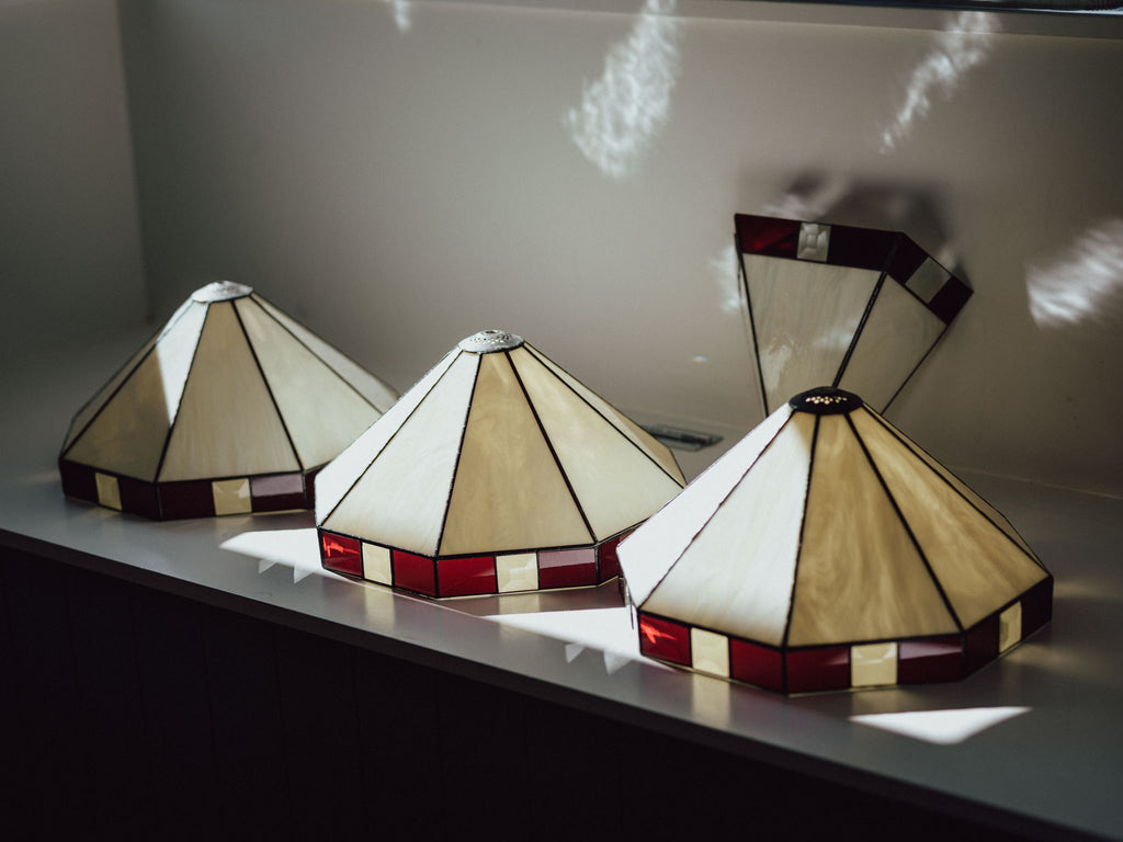 Art Deco - Three Leadlight Glass Pendant Lightshades with Matching Wall Sconce