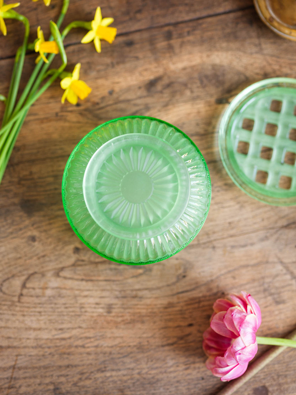 George Davidson Art Deco Green Cloud Glass Bowl w Grid