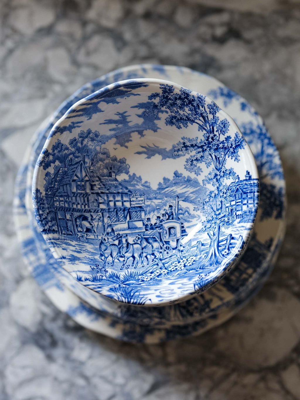 Alfred Meakin Coaching Days Blue & White Transferware – Vintage English Tableware Set