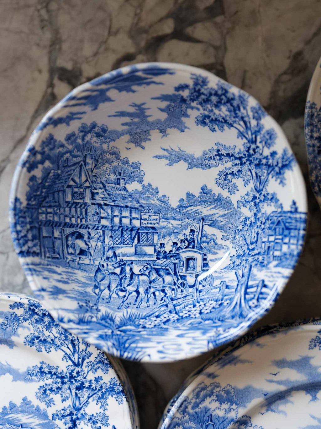 Alfred Meakin Coaching Days Blue & White Transferware – Vintage English Tableware Set