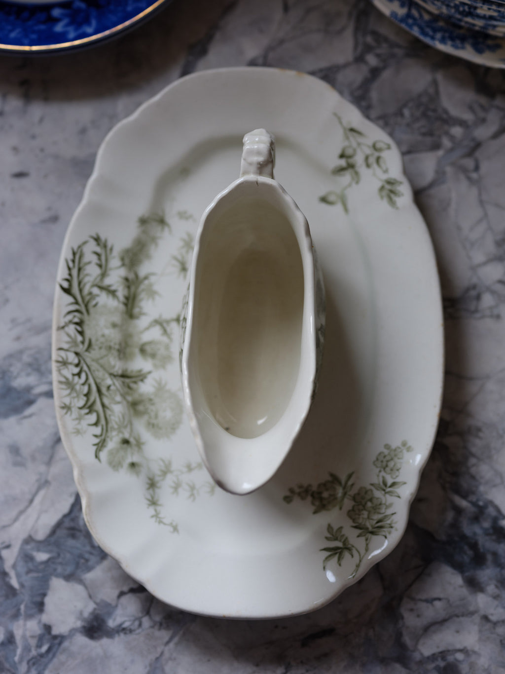 John Edwards Thistle Green Gray Platter & Gravy Boat – Vintage English Tableware