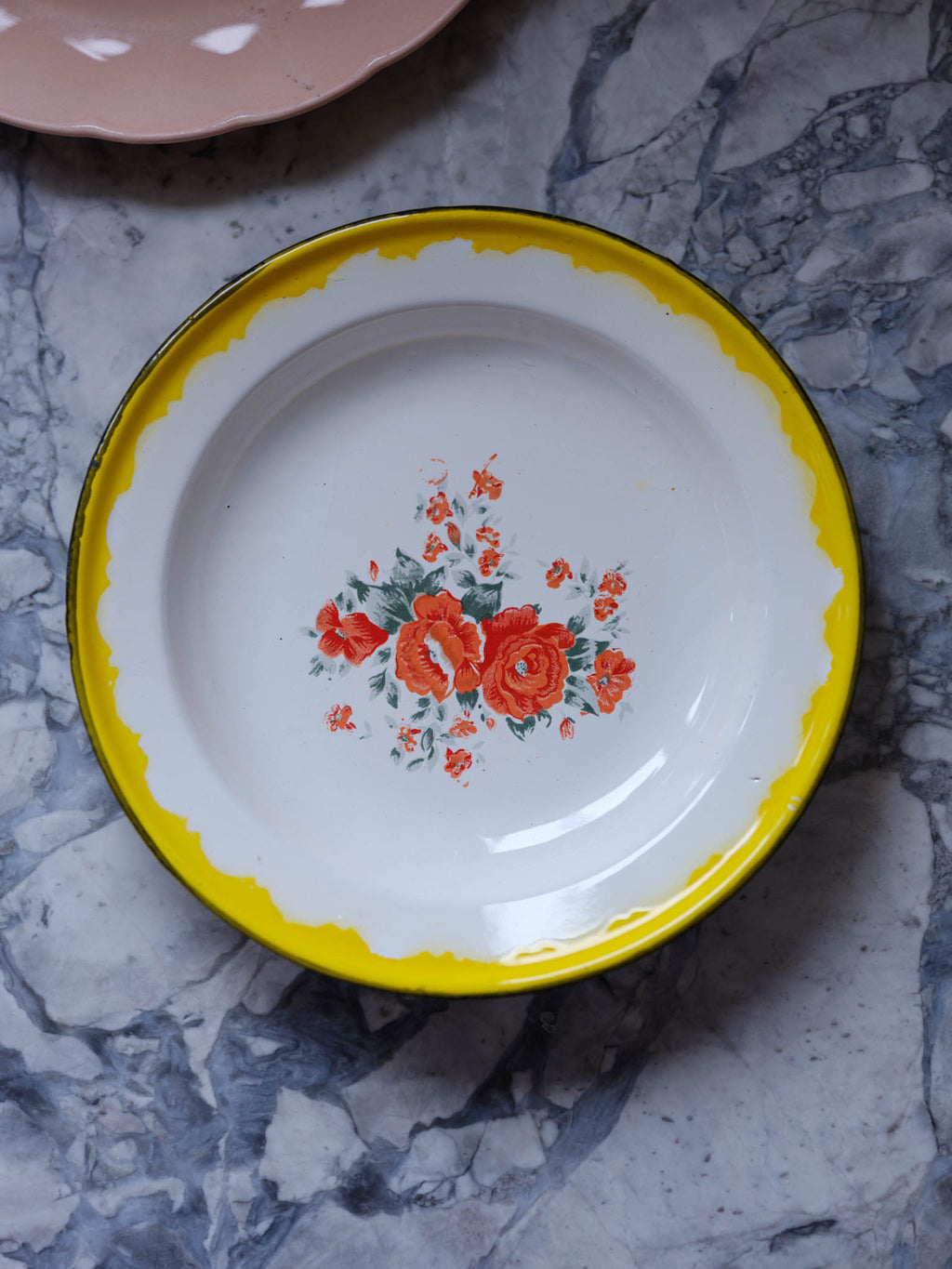 Vintage Enamel Plate with Floral Design – Yellow Rim