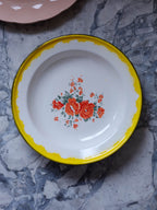 Vintage Enamel Plate with Floral Design – Yellow Rim