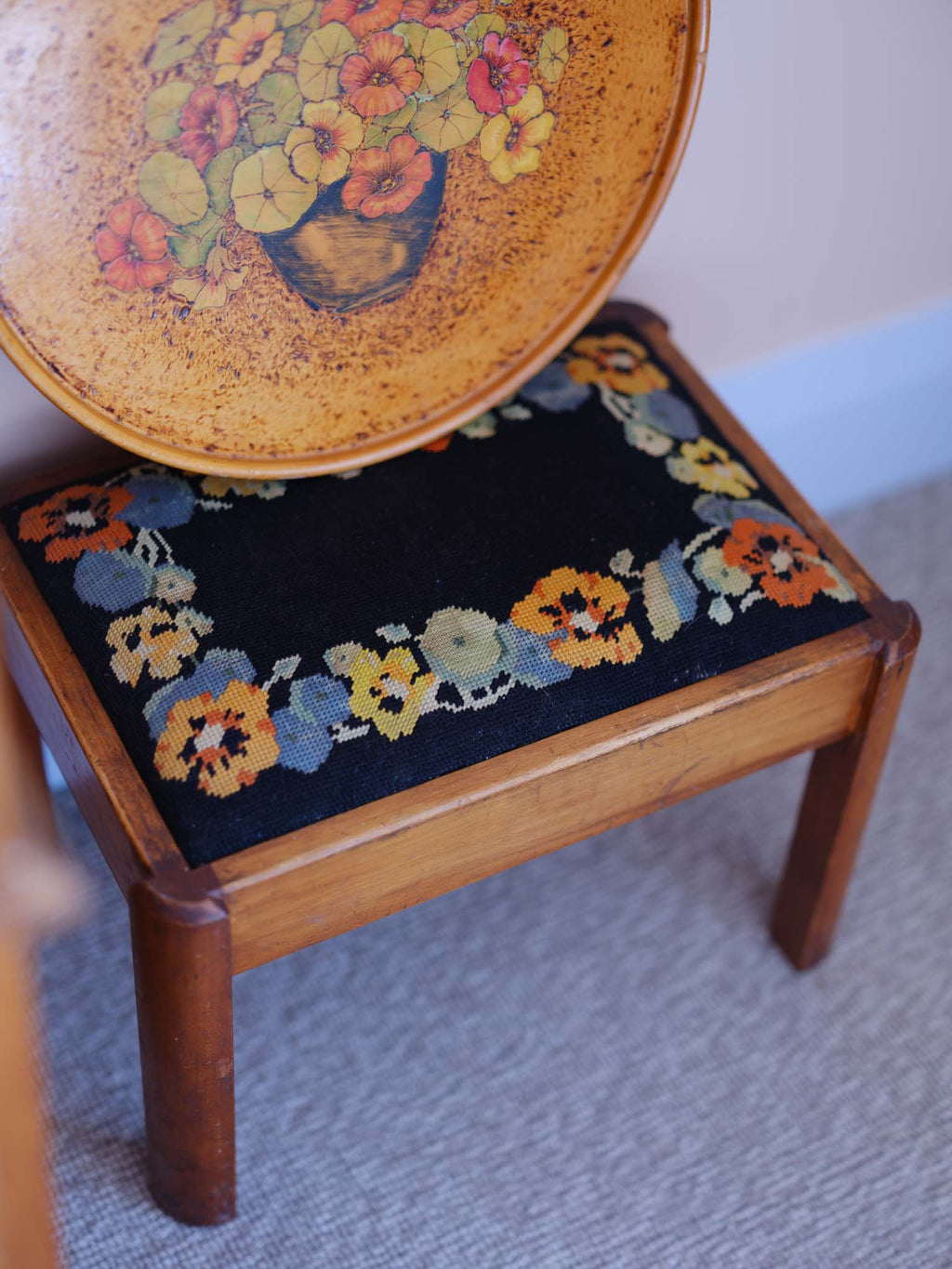 Nasturtium & Pansies - Needlepoint Footstool