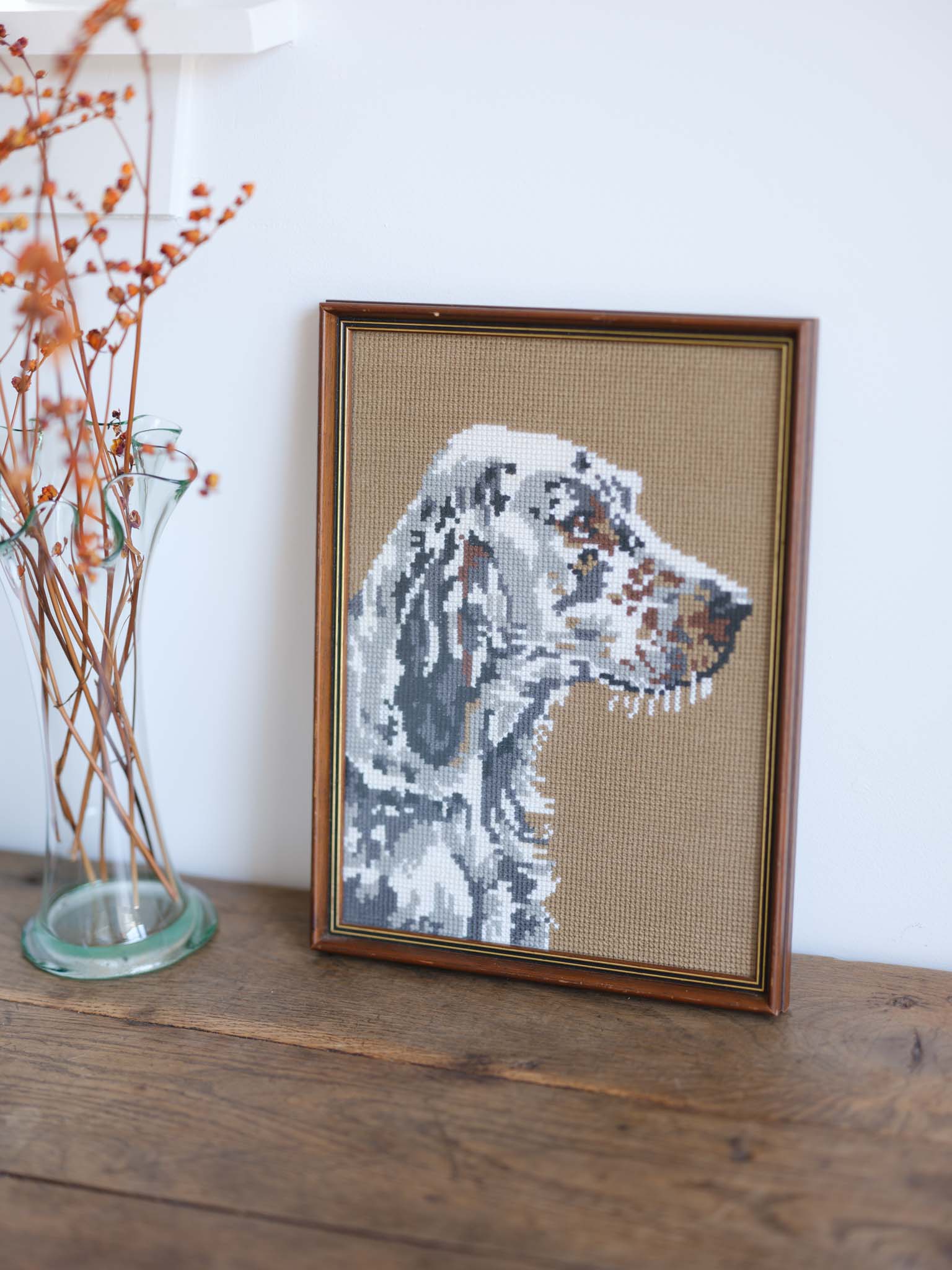 Vintage Framed Tapestry - English Setter Dog Portrait