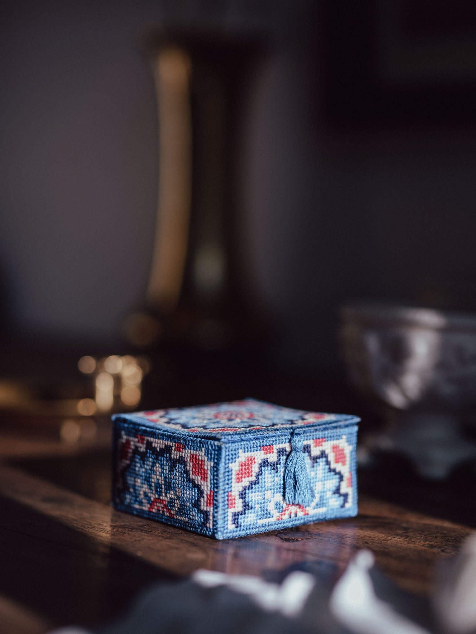 Blue Hand-Stitched Trinket Box with Tassel