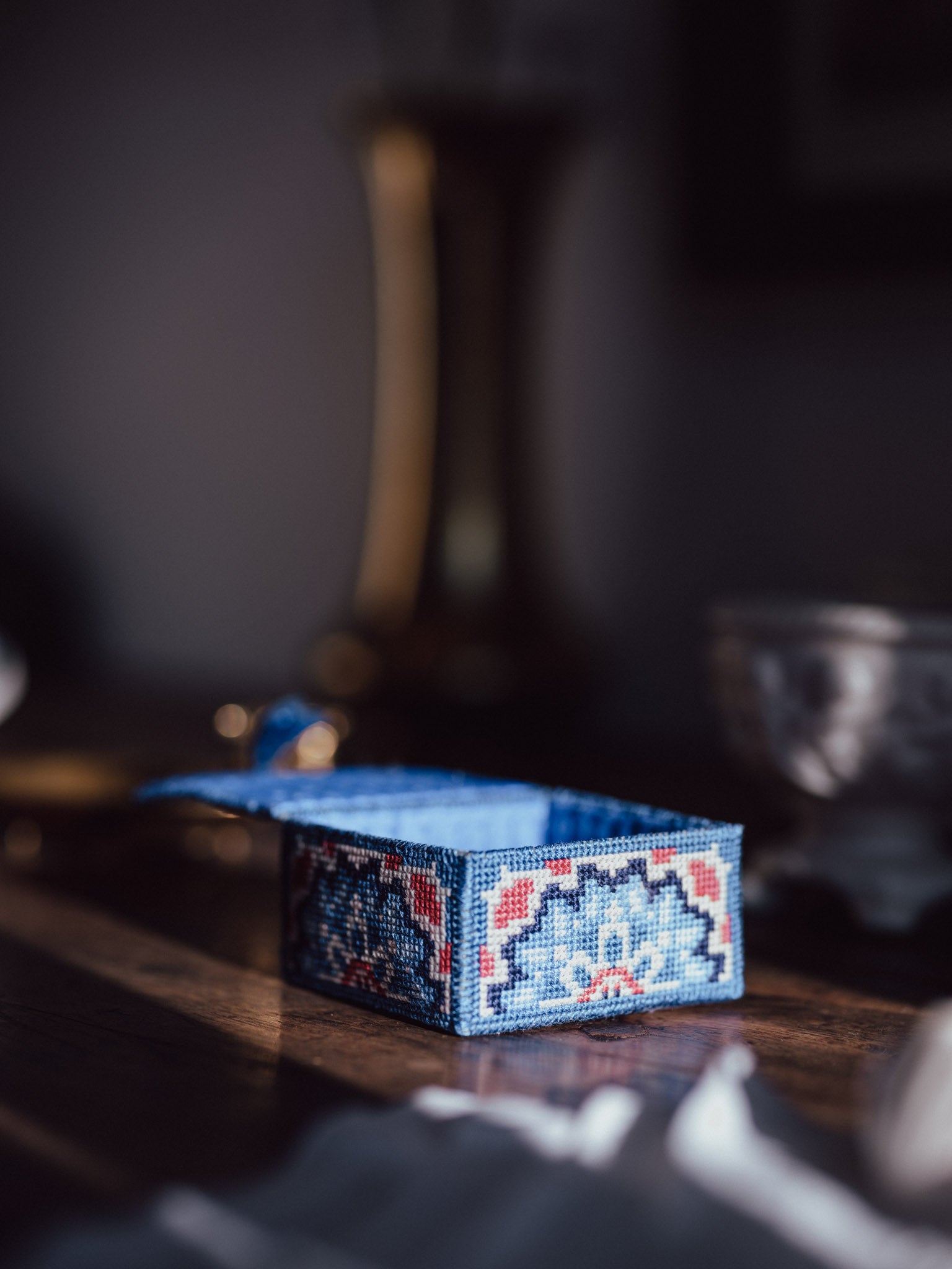 Blue Hand-Stitched Trinket Box with Tassel