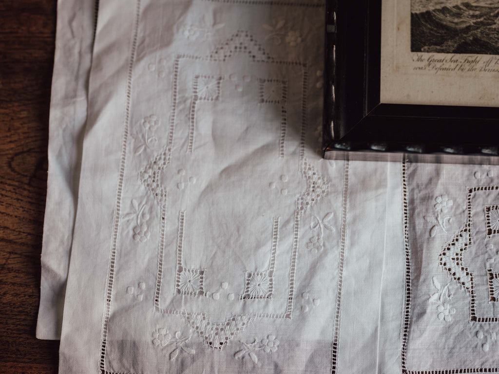 Set of 4 Vintage Hand-Stitched White Linen Napkins - Floral & Polka Dot Detail