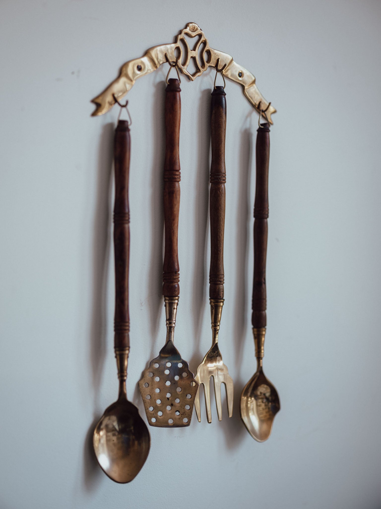 Vintage Brass & Wood Hanging Utensil Set