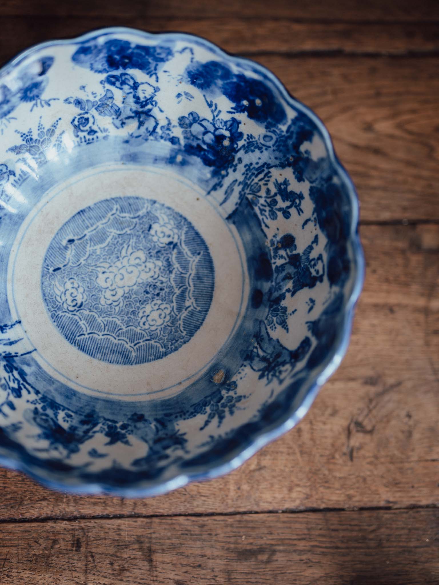 Antique Japanese Meiji Period Blue & White Fluted Bowl