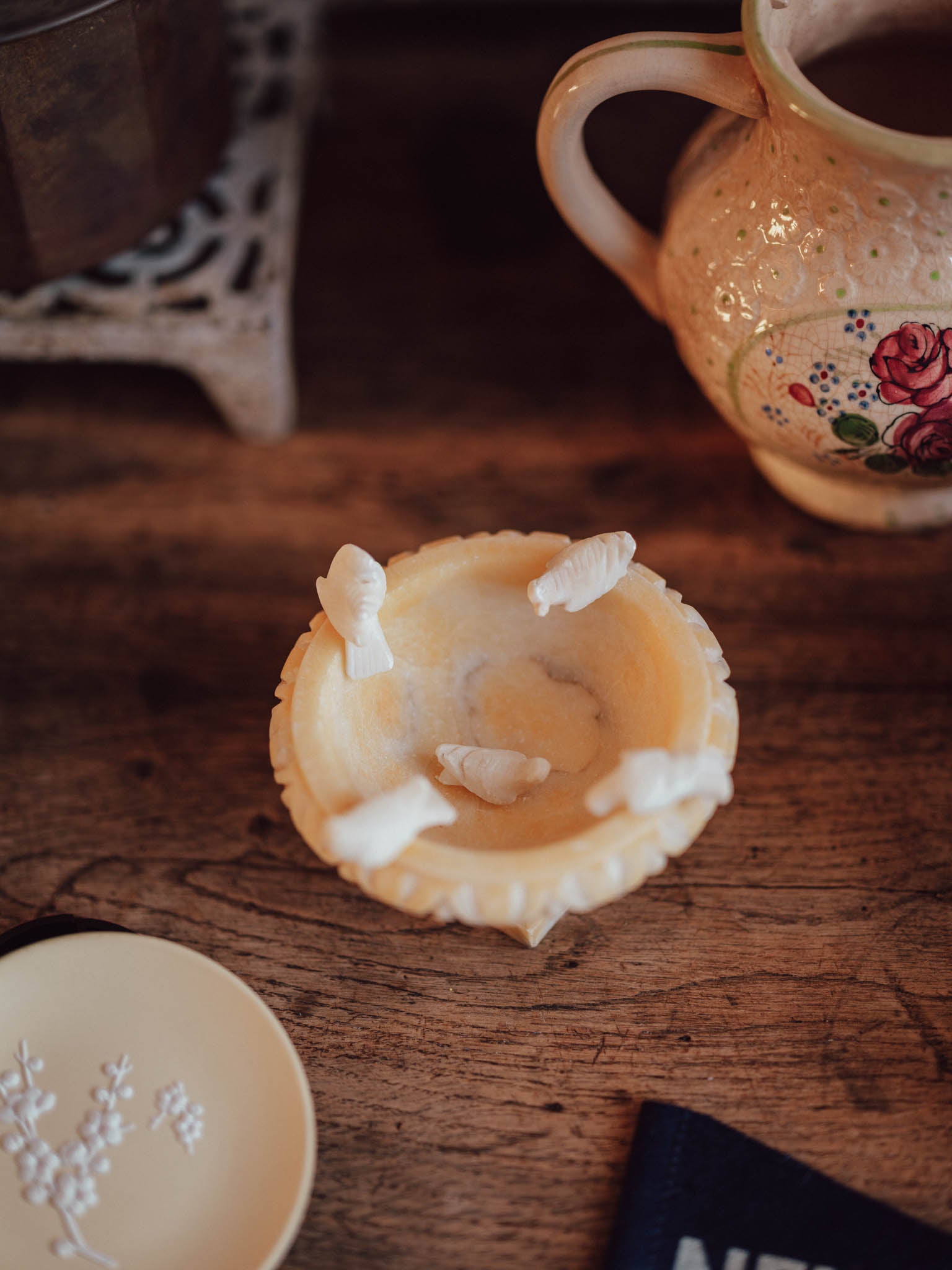 Golden Alabaster Miniature Bird Bath with Four Birds