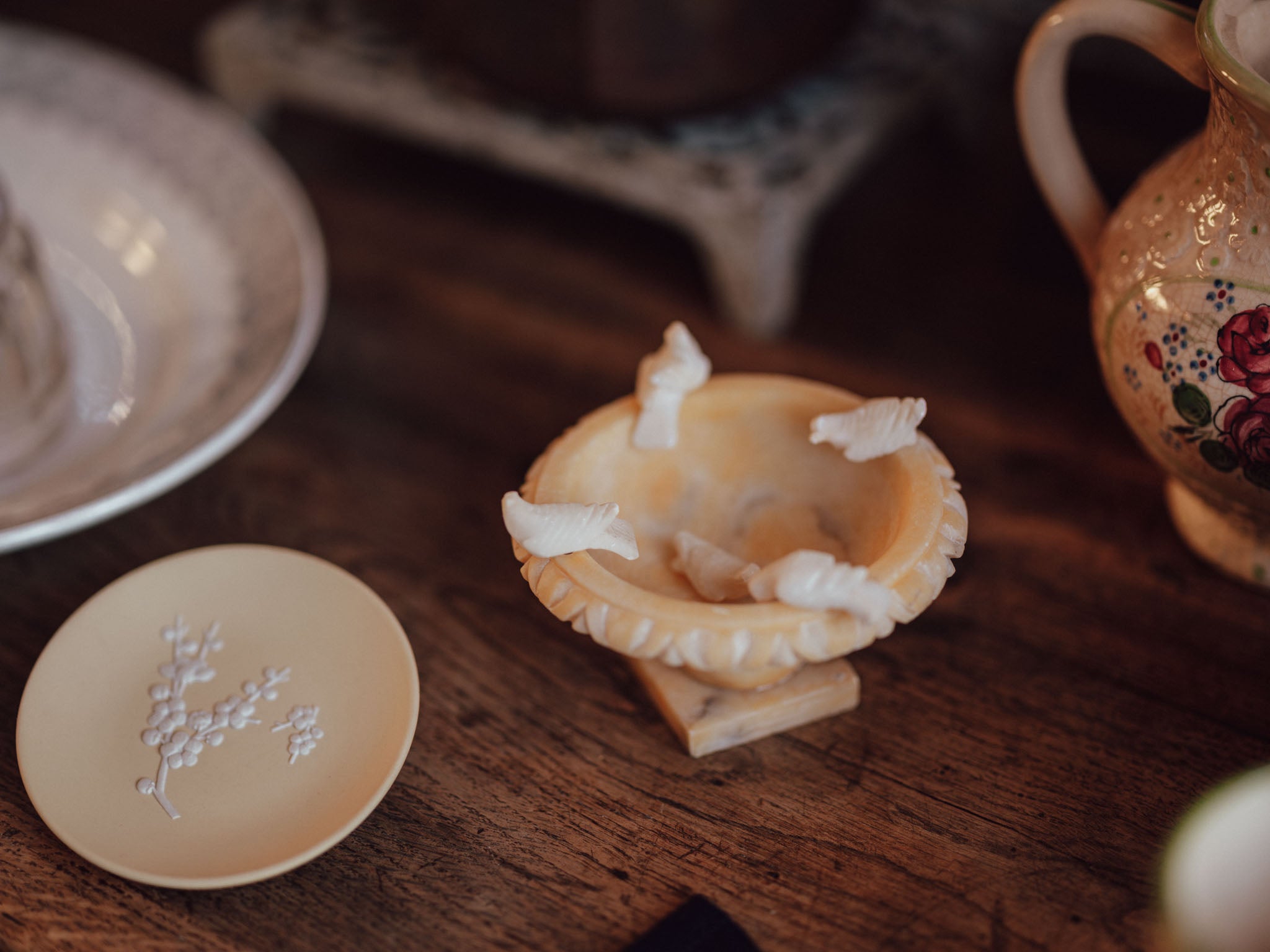Golden Alabaster Miniature Bird Bath with Four Birds